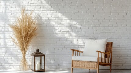 Poster - Modern interior space with a wicker chair, dried grass decor, lantern, and white brick wall, featuring ample Copy Space for text placement.