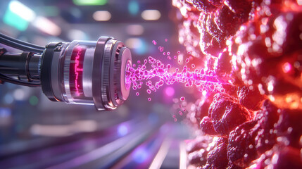 Aufkleber - futuristic nanobot spraying particles vibrant surface, showcasing advanced technology and innovation. scene is dynamic and visually striking, emphasizing interaction between nanobot and material