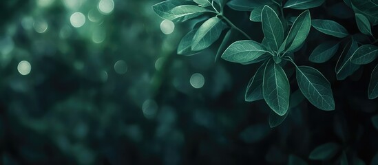 Poster - Dark green foliage with blurred background and bokeh lights, featuring rich leaf textures and ample copy space for text.