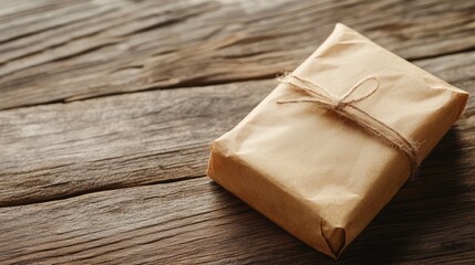 Aufkleber - Wrapped gift package on wooden table with natural light and copy space for text.