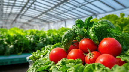 Poster - Fresh tomatoes and leafy greens in high tech greenhouse, showcasing vibrant colors and healthy produce. automated systems enhance growth and sustainability
