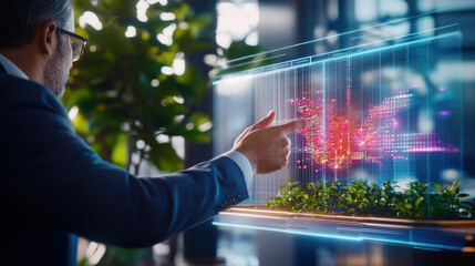 Aufkleber - businessman interacts with digital interface, showcasing data visualization and technology in modern office environment. scene conveys innovation and progress