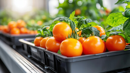 Leinwandbilder - Fresh tomatoes and green plants in high tech greenhouse setting, showcasing vibrant colors and healthy growth. automated systems enhance cultivation process