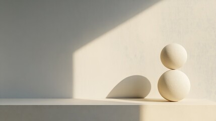 Poster - Minimalistic composition of two white spheres on a light shelf with soft shadows and a diagonal light beam Copy Space