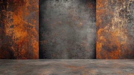 Fototapete - Rusty textured wall background with three sections in orange and gray tones and copy space for text.