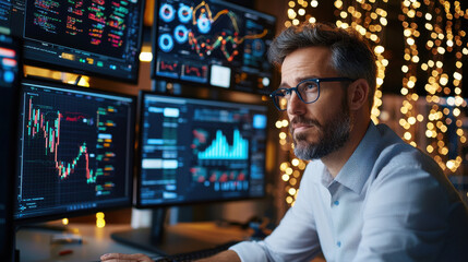 Aufkleber - focused entrepreneur analyzing data on multiple screens in modern workspace, surrounded by soft lights. atmosphere is dynamic and tech driven, showcasing integration of AI in business