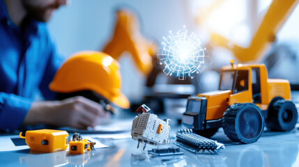 Poster - tech startup lab showcasing construction tools, model tractor, and hard hat, symbolizing innovation and engineering. atmosphere is dynamic and creative