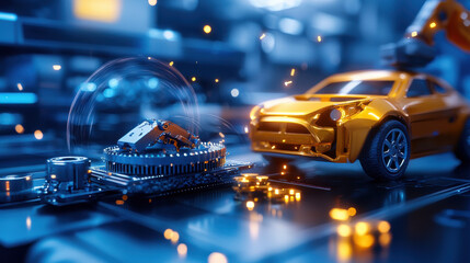 Leinwandbilder - futuristic tech lab scene featuring robotic arm, microchip, and toy car, showcasing innovation and creativity in technology