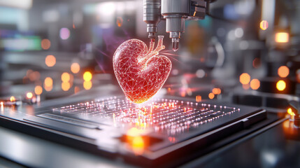 Fototapete - realistic representation of 3D bioprinting in action, showcasing heart being printed with intricate details and glowing effects, symbolizing innovation in medical technology
