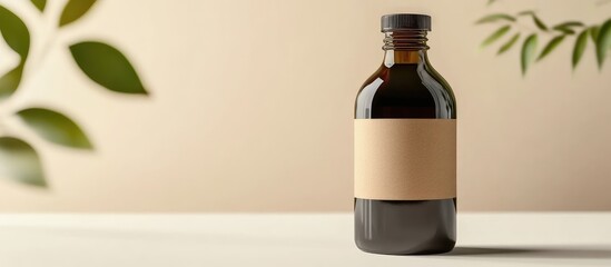 Leinwandbilder - Brown glass bottle with blank label on minimalist background with green leaves and soft lighting Copy Space