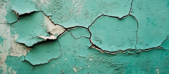 Aufkleber - Cracked and peeling turquoise paint on a textured wall with visible deterioration and Copy Space for text placement