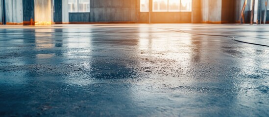 Aufkleber - Industrial interior with polished concrete floor and sunlight reflections in an empty room Copy Space