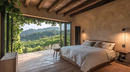 Sticker - Serene bedroom with vineyard view, showcasing natural light and rustic decor in a tranquil setting