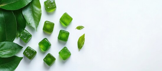 Poster - Green gel cubes with leaves on a white background ideal for cosmetic or food presentations Copy Space
