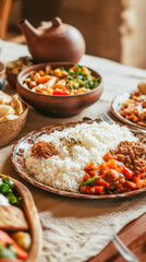 Wall Mural - Delicious sri lankan rice and curry feast being served on table