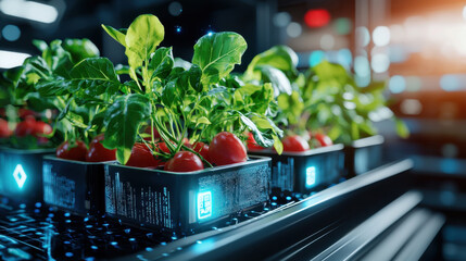 Aufkleber - Automated food sorting with vibrant plants and tomatoes in futuristic containers showcases advanced agricultural technology