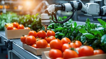 Leinwandbilder - Automated food sorting with robotic arms handling fresh tomatoes and greens. This vibrant scene showcases technology in agriculture, enhancing efficiency and productivity