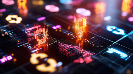 Leinwandbilder - vibrant depiction of diverse currencies represented digitally, showcasing colorful graphs and symbols that illustrate financial trends and market dynamics
