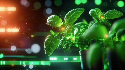 Leinwandbilder - Vibrant image of green plants with glowing leaves, symbolizing digital farming and technology. background features abstract lights and patterns, enhancing futuristic feel