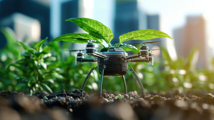 Aufkleber - futuristic agricultural hub featuring drone among green plants, symbolizing innovation in farming and sustainability. scene captures harmony between technology and nature