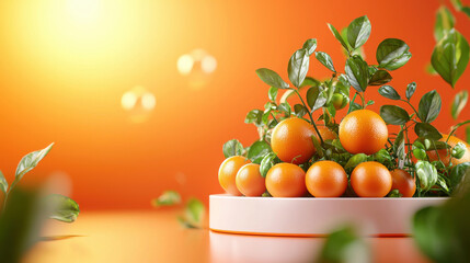 Poster - Vibrant oranges and green leaves arranged on white plate, creating fresh and lively atmosphere. warm orange background enhances cheerful mood of this composition