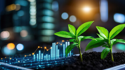 Poster - Innovative plants growing in soil with digital data visualization, symbolizing sustainable agriculture and technology integration