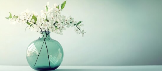 Aufkleber - Elegant glass vase with white flowers on a light background with copy space for text