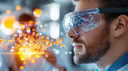Fototapete - scientist wearing augmented reality glasses observes digital data visualizations, showcasing innovation and technology in research. scene captures moment of discovery and exploration