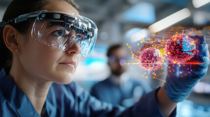 Fototapete - scientist wearing AR glasses examines molecular structures in lab, showcasing advanced technology and innovation in research