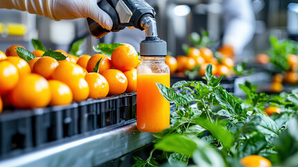 Poster - vibrant portrayal of fruit based technology innovation, showcasing oranges being processed into juice. scene highlights freshness and modern techniques in food production
