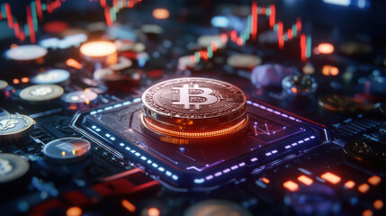 Fototapete - detailed representation of digital currencies with focus on Bitcoin, showcasing vibrant colors and intricate designs. image captures essence of modern finance and technology