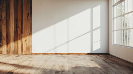 Aufkleber - Empty room interior with wooden floor and large windows casting shadows with copy space on white wall