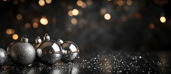 Aufkleber - Shiny silver Christmas ornaments on a reflective surface with blurred golden bokeh lights in background Copy Space