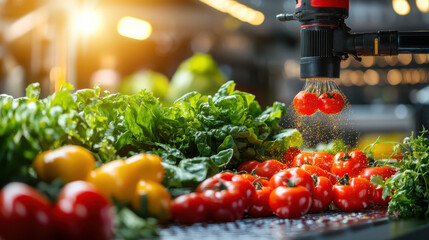 Poster - Fresh tomatoes and greens being sprayed with water in vibrant agricultural setting, showcasing modern food technology and sustainable farming practices