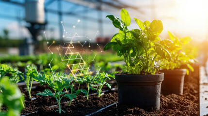 Aufkleber - Innovative agriculture with technology enhancing plant growth in greenhouse. vibrant scene showcases healthy plants in pots, symbolizing future of farming