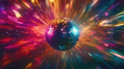 Leinwandbilder - Abstract colorful burst with a disco ball in the center creating a vibrant light effect on a dark background Copy Space