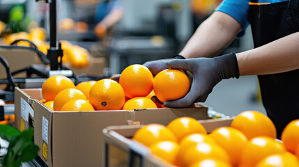 Poster - Efficient handling of fresh oranges in food packaging facility, showcasing vibrant colors and organized workflow