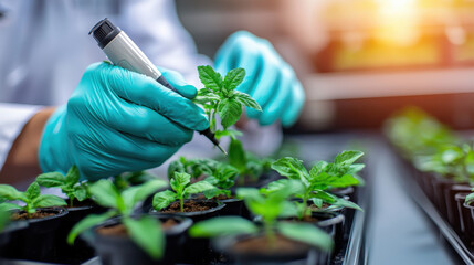 Aufkleber - food technologist examines young plants in laboratory setting, showcasing innovation in plant based development. focus is on sustainable agriculture and research