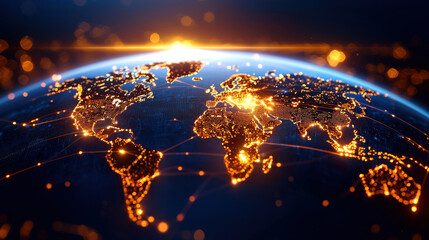 Leinwandbilder - stunning view of glowing world map showcasing interconnected cities and networks, symbolizing global connectivity and technology