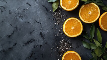 Wall Mural - Fresh orange slices and green leaves with sesame seeds on textured dark stone background Copy Space