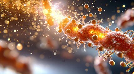 Aufkleber - close up view of nanoparticle drug interacting with cells, showcasing vibrant colors and intricate details. This highlights complexity of drug interactions at microscopic level