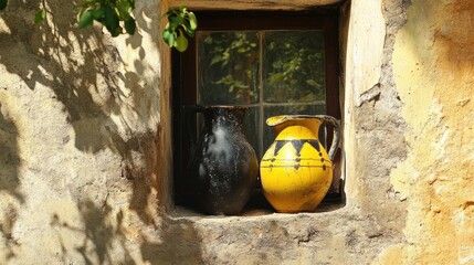 Aufkleber - Traditional ceramic jugs in a window niche against a rustic stone wall with greenery outside Copy Space