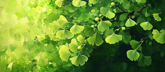 Aufkleber - Lush green ginkgo biloba leaves with soft focus background and natural light Copy Space