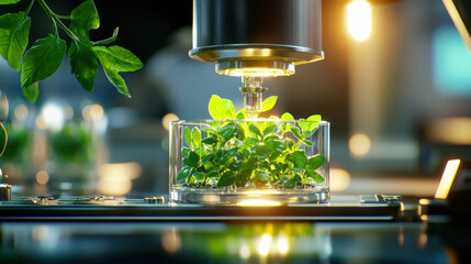 Fototapete - close up of biotechnologists working with plants in laboratory setting, showcasing advanced technology and vibrant greenery. scene conveys innovation and growth