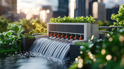 Aufkleber - modern hydropower plant with lush greenery, showcasing sustainable energy production in urban setting. water flows gracefully, reflecting innovation and nature harmony