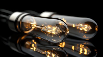 Poster - Vintage incandescent light bulbs with glowing filaments on a reflective surface against a black background, Copy Space.