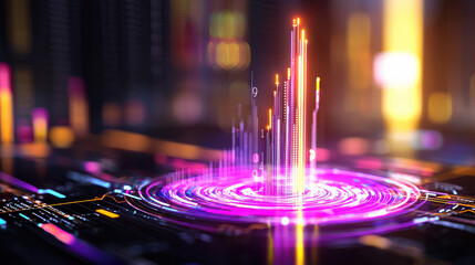 Fototapete - vibrant digital visualization of data analytics, showcasing colorful bars representing statistics and trends in futuristic setting