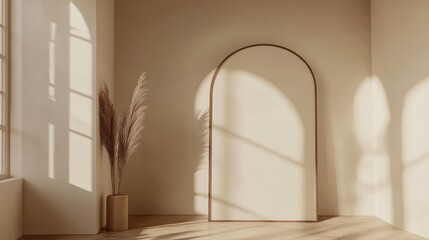 Leinwandbilder - Modern interior with arched doorframe, decorative plant in a vase, warm natural light casting shadows, minimalist design, Copy Space available.