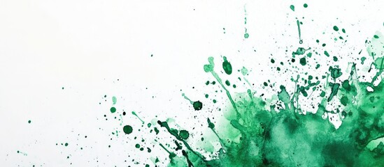 Fototapete - Green paint splash with droplets on a white background creating a dynamic texture and ample Copy Space for text placement.