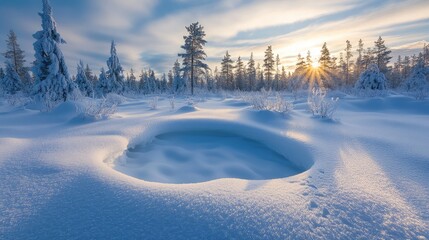 Aufkleber - Winter landscape with snow-covered ground, frozen pond, and sun setting behind trees, natural scenery with copy space.